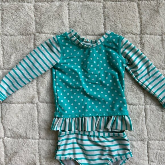 RuffleButts | Blue & White Long Sleeve Rash Guard Bikini | Size 12-18 Months - Picture 7 of 12